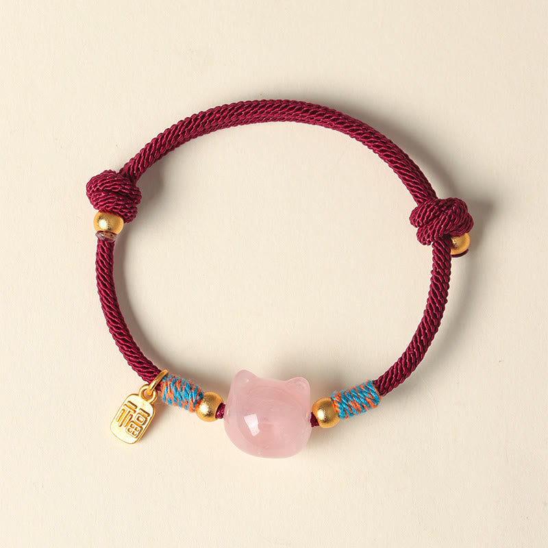 Buddha Stones Cat Fu Character Silver Sheen Obsidian Pink Crystal String Protection Bracelet - image 10
