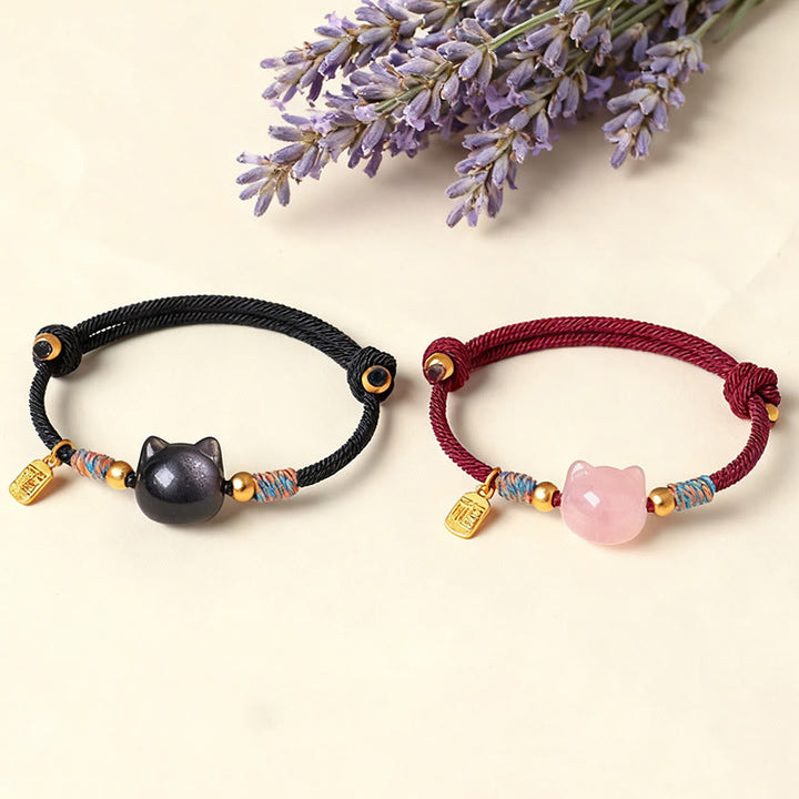 Buddha Stones Cat Fu Character Silver Sheen Obsidian Pink Crystal String Protection Bracelet - image 17