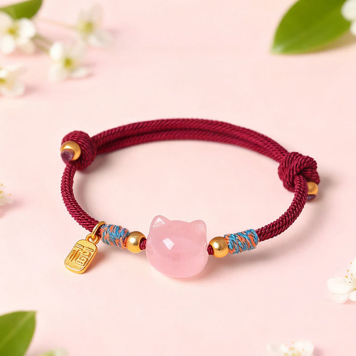 Buddha Stones Cat Fu Character Silver Sheen Obsidian Pink Crystal String Protection Bracelet - image 8