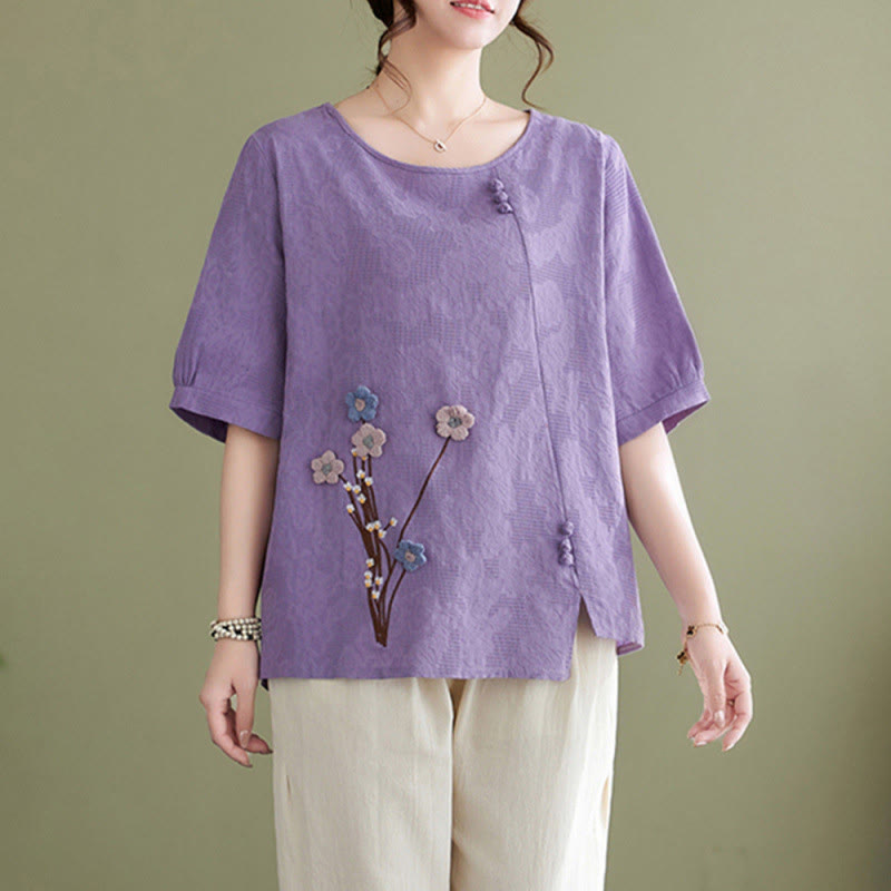Buddha Stones Three-dimensional Flowers Design Crew Neck Short Sleeve Cotton Women's Shirt - Plum - US12，UK/AU16，EU44 (3XL) - image 1