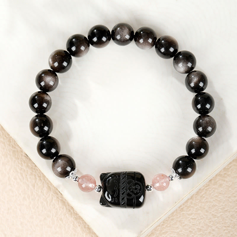 Buddha Stones Cat Silver Sheen Obsidian Strawberry Quartz Protection Bracelet - Silver Sheen Obsidian Strawberry Quartz(Wrist Circumference:14-15cm) - 8mm - image 0