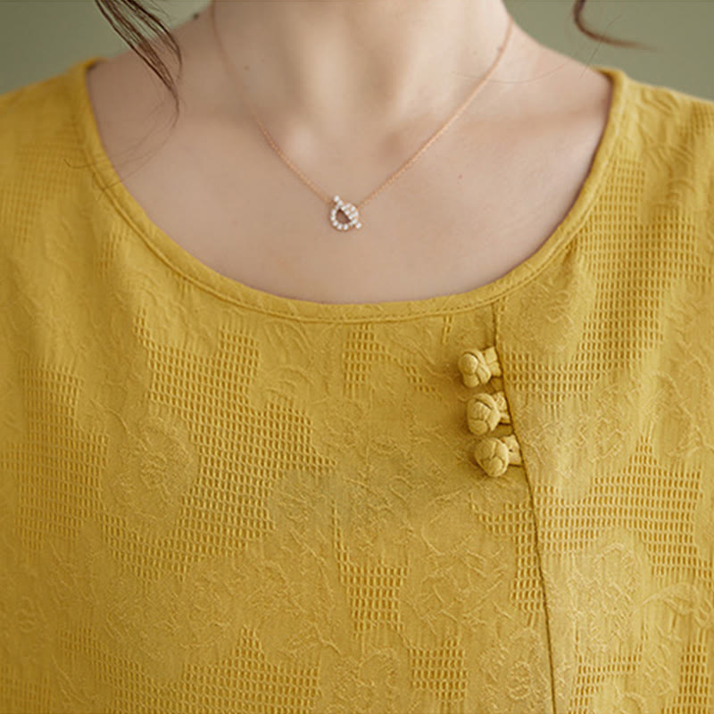 Buddha Stones Three-dimensional Flowers Design Crew Neck Short Sleeve Cotton Women's Shirt - image 11