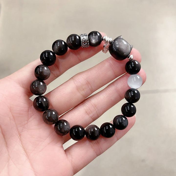 Buddha Stones Cat Head White Cat's Eye Silver Sheen Obsidian Positive Bracelet - Silver Sheen Obsidian Bead Size 10mm(Wrist Circumference:14-15cm) - image 14