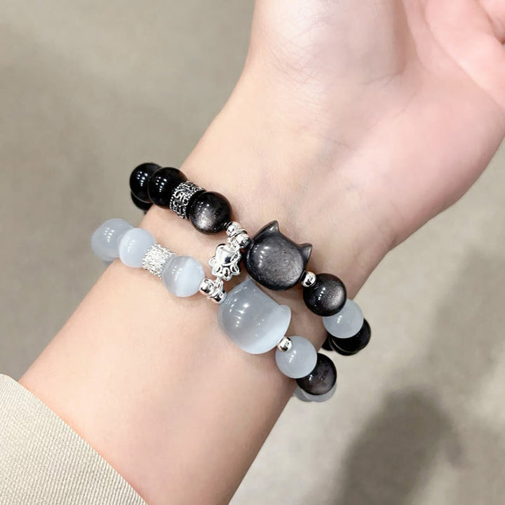 Buddha Stones Cat Head White Cat's Eye Silver Sheen Obsidian Positive Bracelet - image 17
