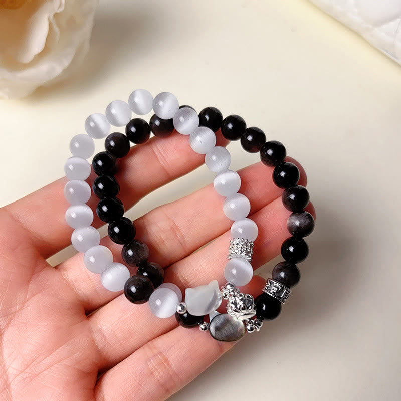 Buddha Stones Cat Head White Cat's Eye Silver Sheen Obsidian Positive Bracelet - image 16