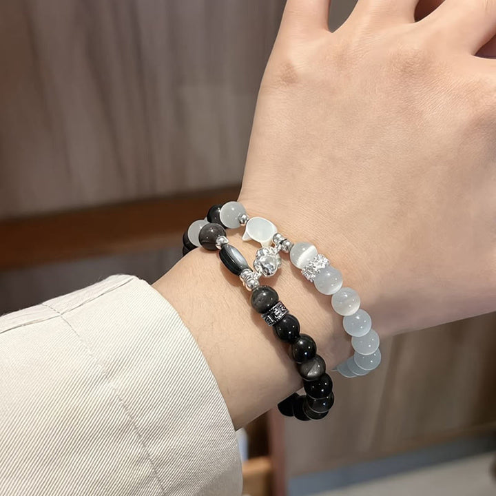 Buddha Stones Cat Head White Cat's Eye Silver Sheen Obsidian Positive Bracelet - image 7