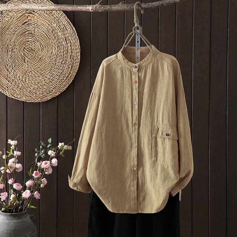 Buddha Stones Fall Solid Color Crew Neck Colorful Buttons Down Design Women's Cotton Long Sleeve Shirt - PaleGoldenrod - US8-10，UK/AU12-14，EU40-42 (2XL) - image 0