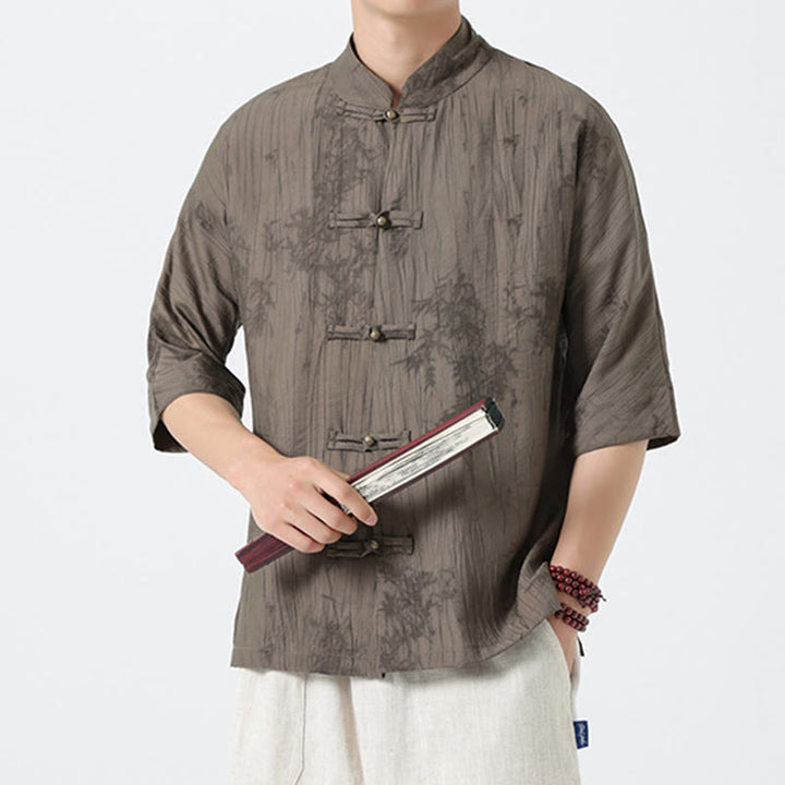 Buddha Stones Summer Pine Needles Pattern Short Sleeve Frog-Button Design Men's Shirt - Tan - US/UK/AU46，EU56 (5XL) - image 0