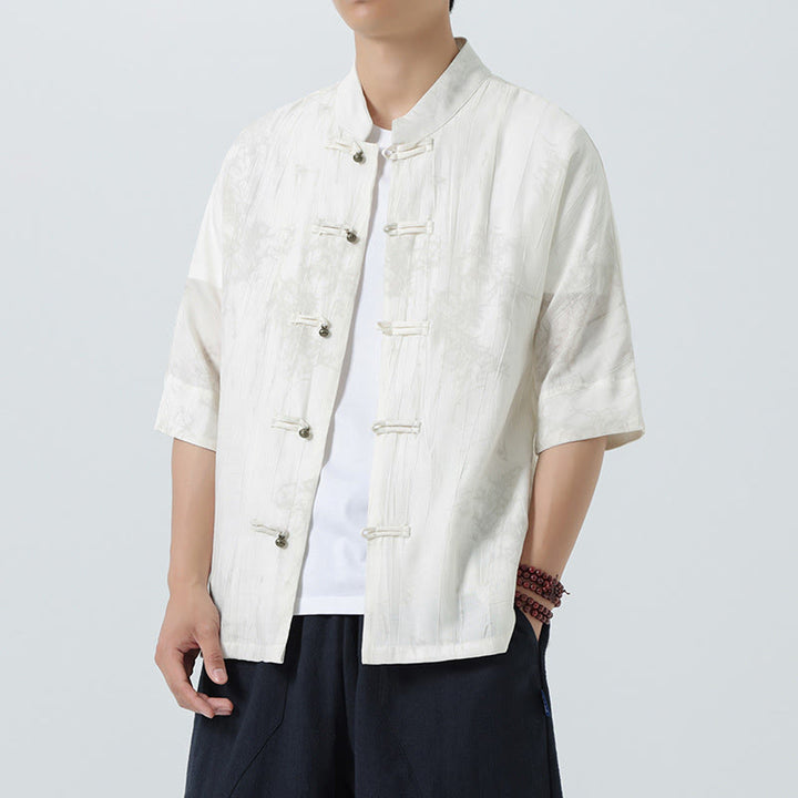 Buddha Stones Summer Pine Needles Pattern Short Sleeve Frog-Button Design Men's Shirt - White - US/UK/AU46，EU56 (5XL) - image 9