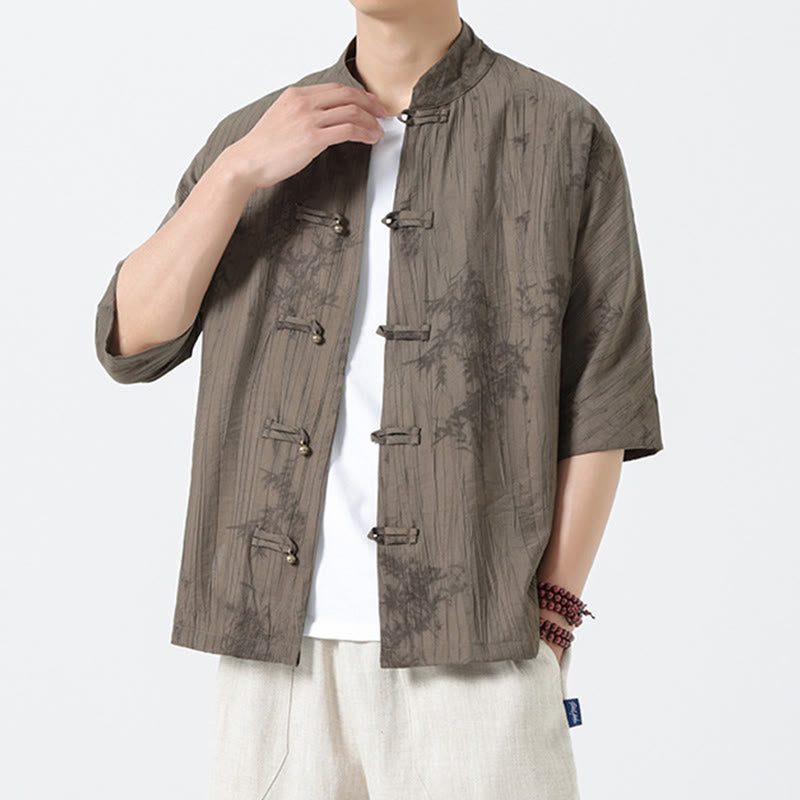 Buddha Stones Summer Pine Needles Pattern Short Sleeve Frog-Button Design Men's Shirt - image 2