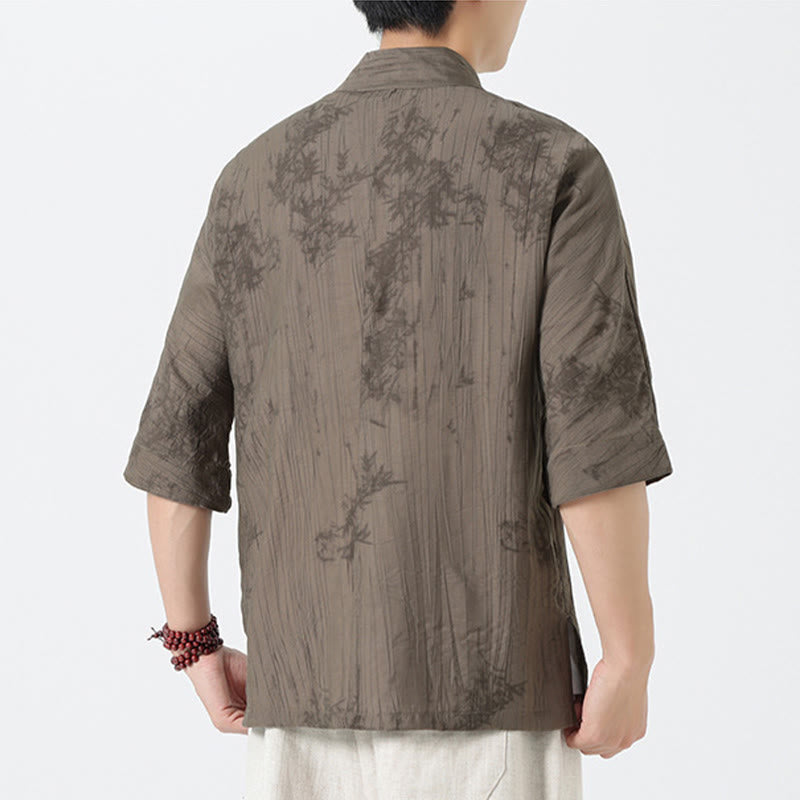 Buddha Stones Summer Pine Needles Pattern Short Sleeve Frog-Button Design Men's Shirt - image 4