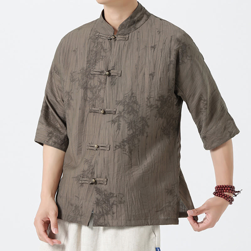 Buddha Stones Summer Pine Needles Pattern Short Sleeve Frog-Button Design Men's Shirt - image 7