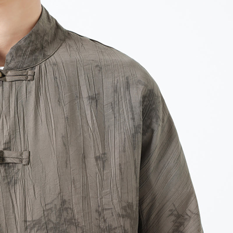 Buddha Stones Summer Pine Needles Pattern Short Sleeve Frog-Button Design Men's Shirt - image 8