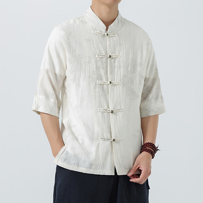 Buddha Stones Summer Pine Needles Pattern Short Sleeve Frog-Button Design Men's Shirt - image 10