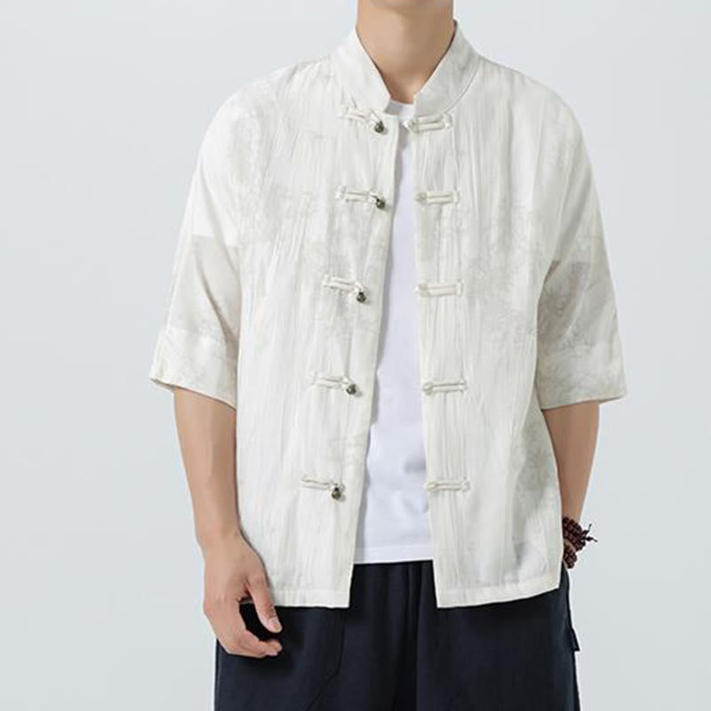 Buddha Stones Summer Pine Needles Pattern Short Sleeve Frog-Button Design Men's Shirt - image 11