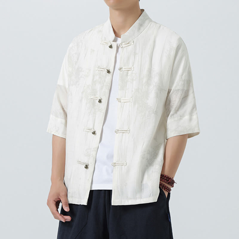 Buddha Stones Summer Pine Needles Pattern Short Sleeve Frog-Button Design Men's Shirt - image 13