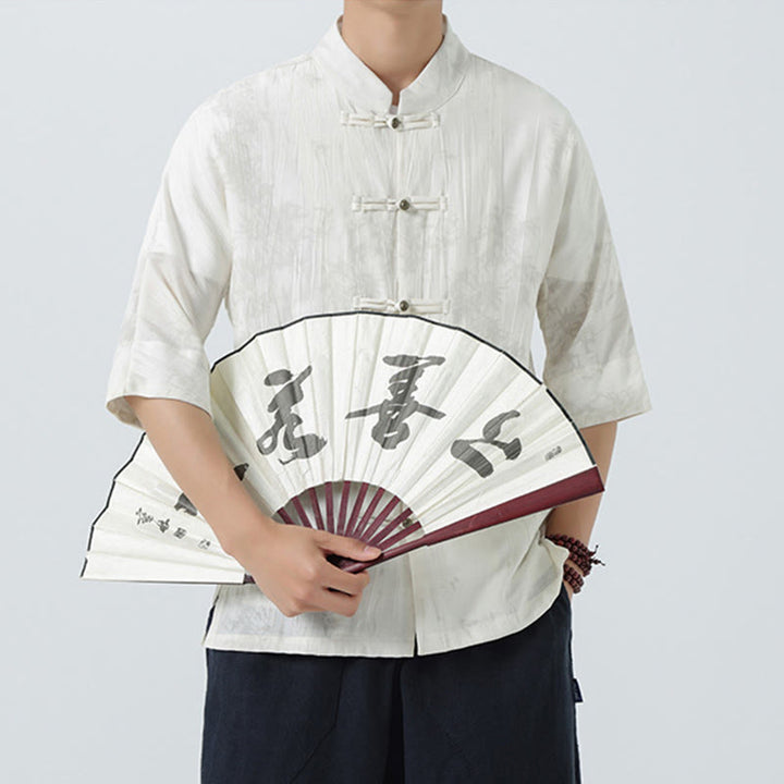 Buddha Stones Summer Pine Needles Pattern Short Sleeve Frog-Button Design Men's Shirt - image 17