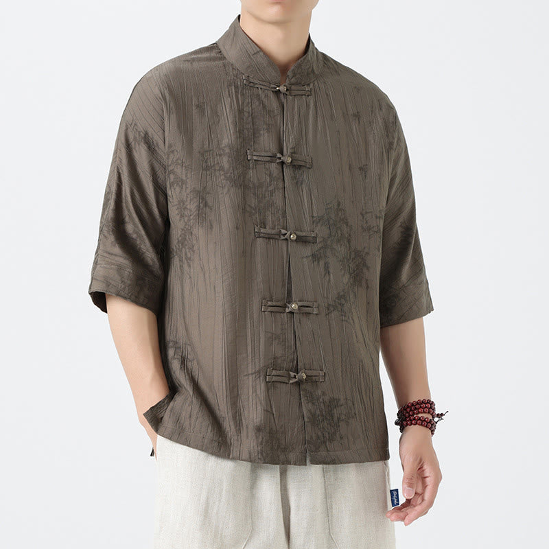Buddha Stones Summer Pine Needles Pattern Short Sleeve Frog-Button Design Men's Shirt - image 1