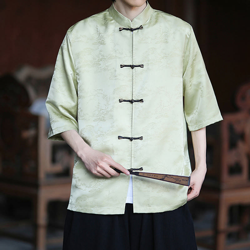 Buddha Stones Summer Pine Tree Mountain Pattern Half Sleeve Frog-Button Design Men's Shirt - image 2