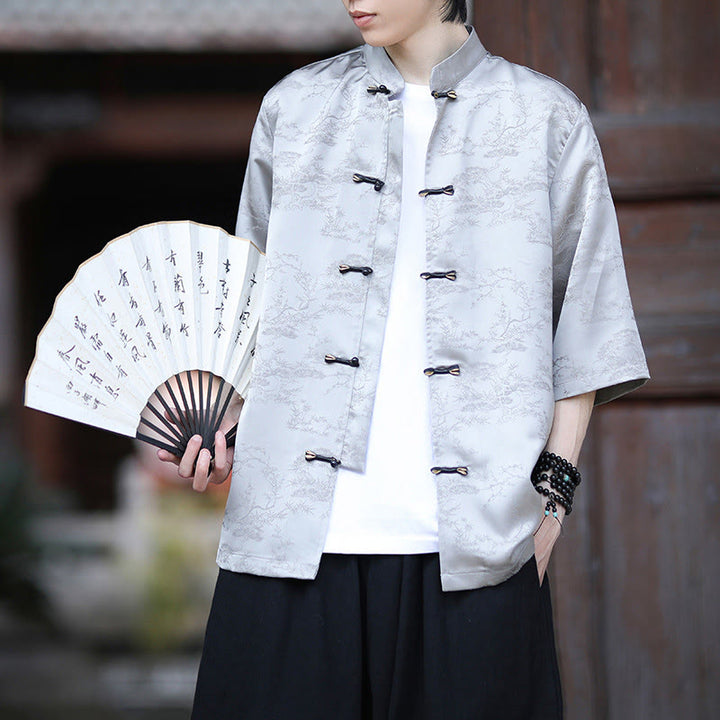 Buddha Stones Summer Pine Tree Mountain Pattern Half Sleeve Frog-Button Design Men's Shirt - image 8