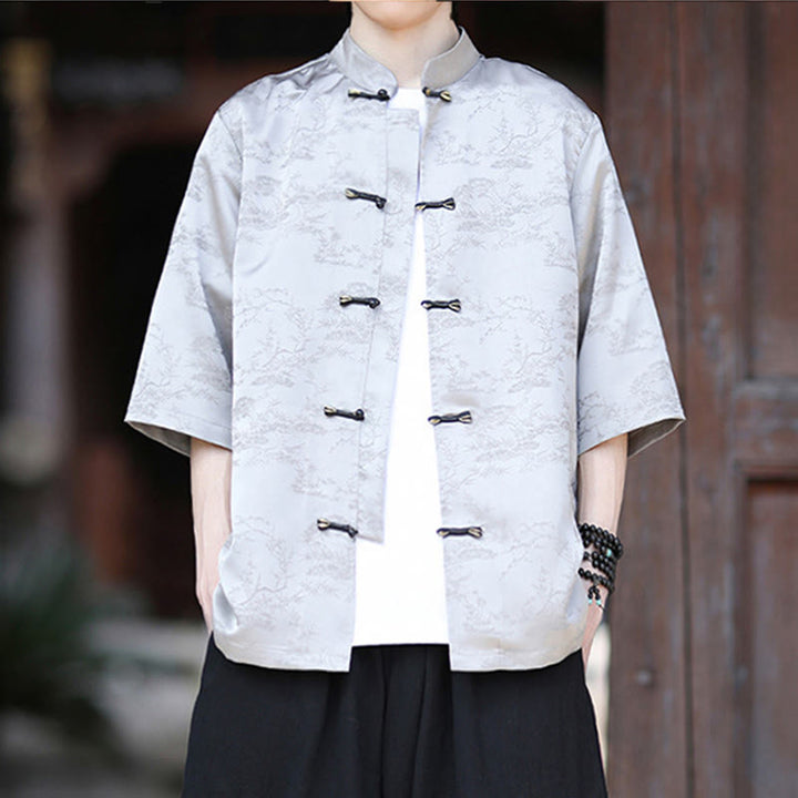 Buddha Stones Summer Pine Tree Mountain Pattern Half Sleeve Frog-Button Design Men's Shirt - image 13