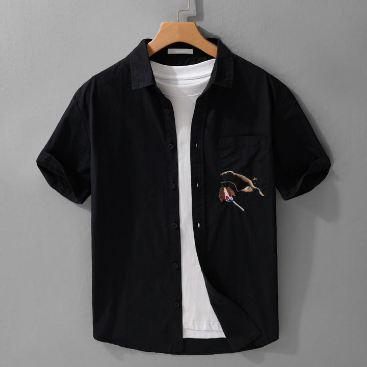 Buddha Stones Summer Buttons Down Bird Embroidery Decorative Pocket Men's Short Sleeve Cotton Shirt - Black - US/UK/AU40，EU50 (3XL) - image 10