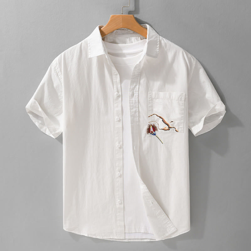 Buddha Stones Summer Buttons Down Bird Embroidery Decorative Pocket Men's Short Sleeve Cotton Shirt - White - US/UK/AU40，EU50 (3XL) - image 0