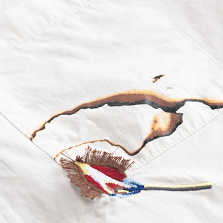 Buddha Stones Summer Buttons Down Bird Embroidery Decorative Pocket Men's Short Sleeve Cotton Shirt - image 6