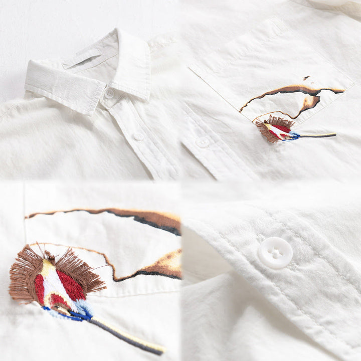 Buddha Stones Summer Buttons Down Bird Embroidery Decorative Pocket Men's Short Sleeve Cotton Shirt - image 2