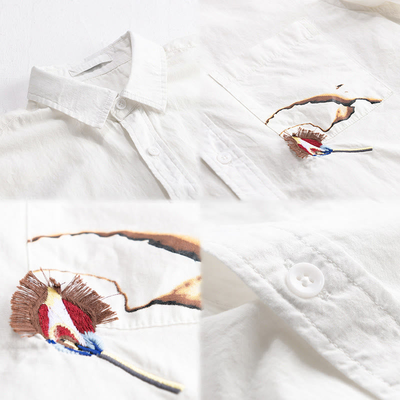 Buddha Stones Summer Buttons Down Bird Embroidery Decorative Pocket Men's Short Sleeve Cotton Shirt - image 2