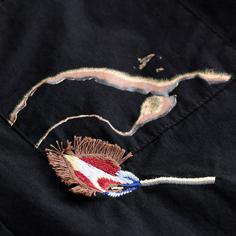 Buddha Stones Summer Buttons Down Bird Embroidery Decorative Pocket Men's Short Sleeve Cotton Shirt - image 13