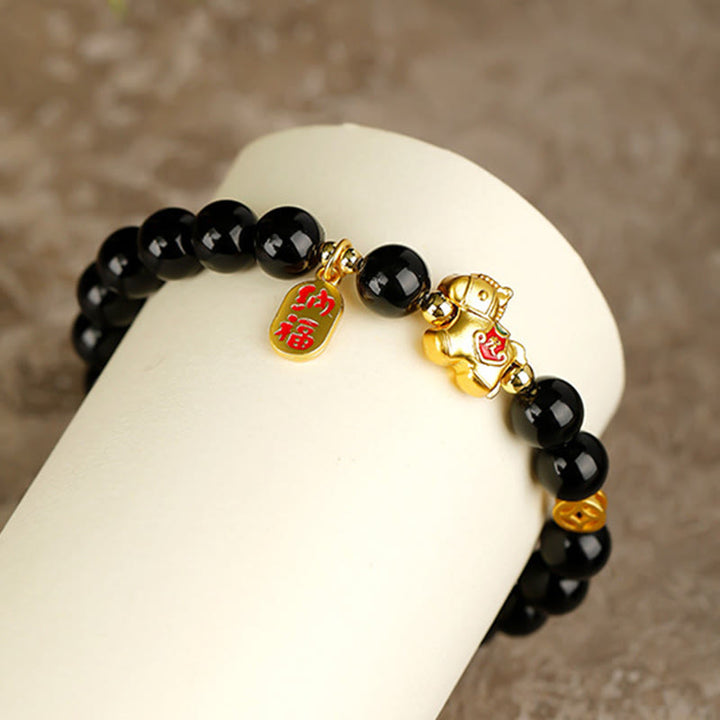 Buddha Stones Year Of The Horse Black Obsidian Strength Bracelet - image 4