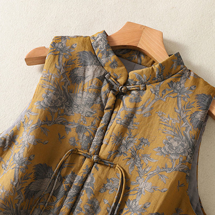 Buddha Stones Crane Flowers Branches Frog-Button Pattern Cotton Women's Sleeveless Vest Waistcoat - image 4