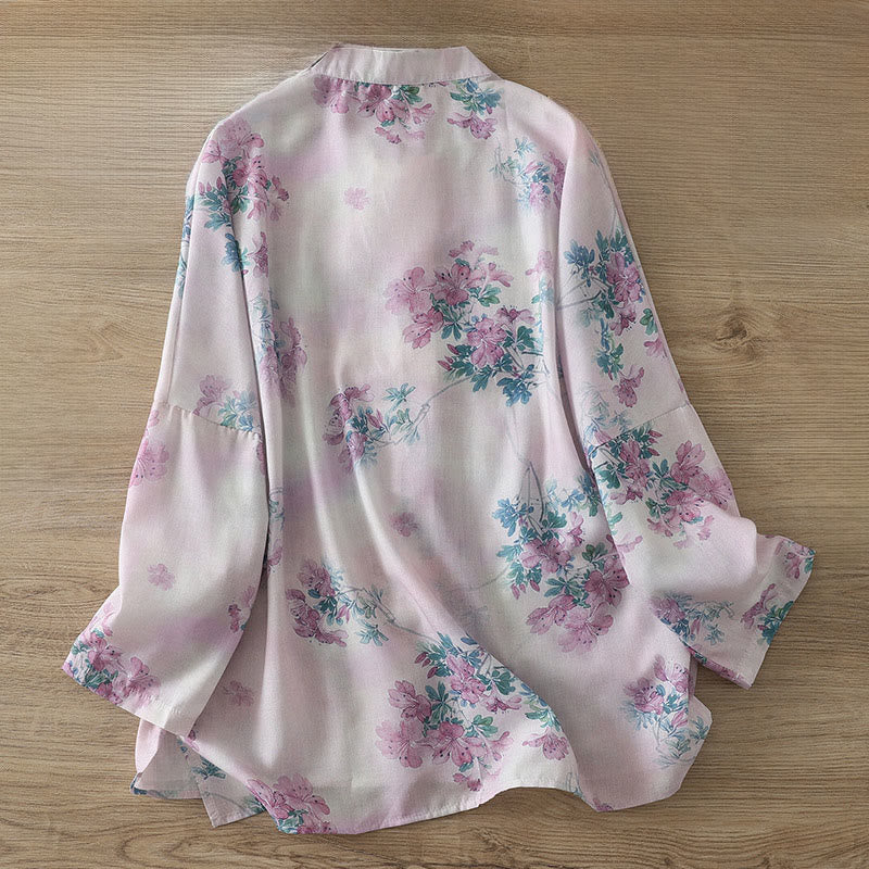 Buddha Stones Fall Purple Floral Green Leaves Print Frog-Button Stand Collar Long Sleeve Women's Cotton Shirt - image 1