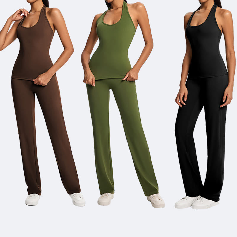 Buddha Stones Solid Crop Halter Backless Sleeveless Top Straight Leg Pants For Sports Fitness Yoga - image 28