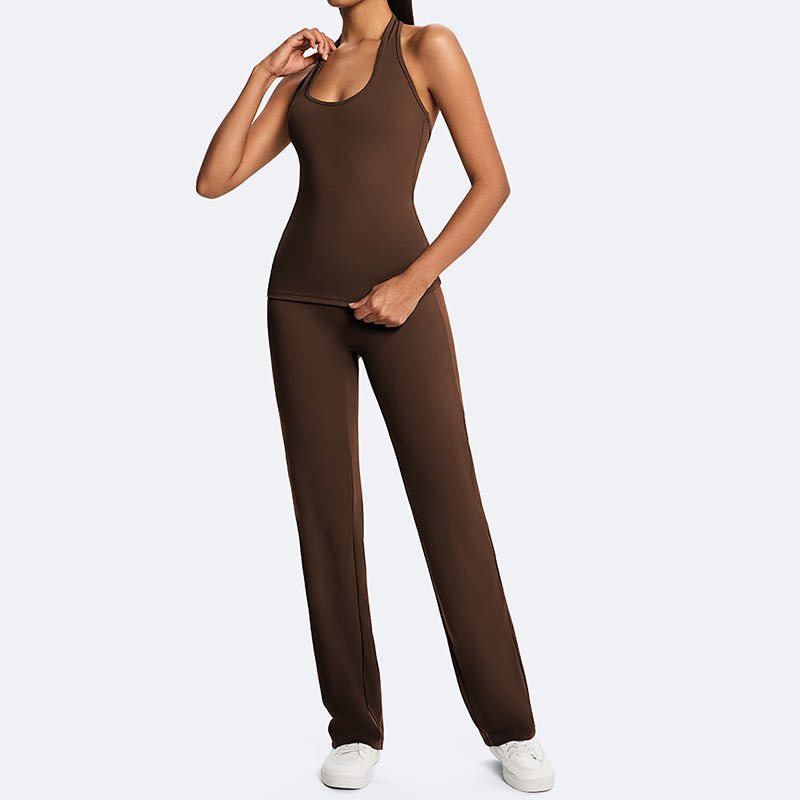 Buddha Stones Solid Crop Halter Backless Sleeveless Top Straight Leg Pants For Sports Fitness Yoga - image 0