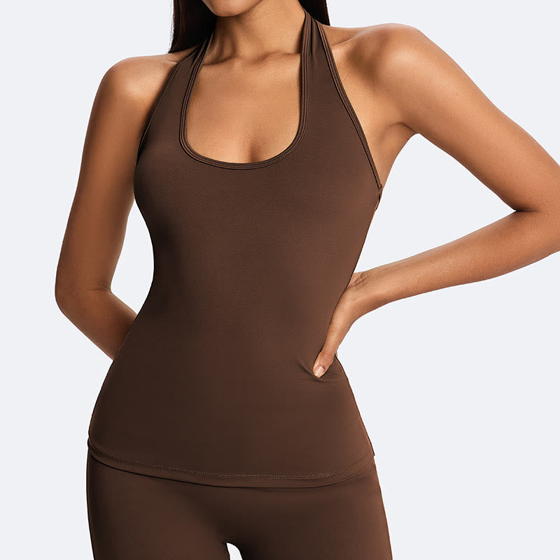 Buddha Stones Solid Crop Halter Backless Sleeveless Top Straight Leg Pants For Sports Fitness Yoga - SaddleBrown(Top Only) - US14，UK/AU18，EU46 (2XL) - image 1