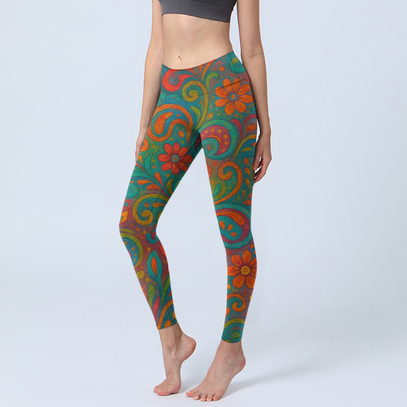 Buddha Stones Vibrant Swirling Florals Paisley Print Gym Leggings Women's Yoga Pants - MediumAquamarine - US18，UK/AU22，EU50 (4XL) - image 0