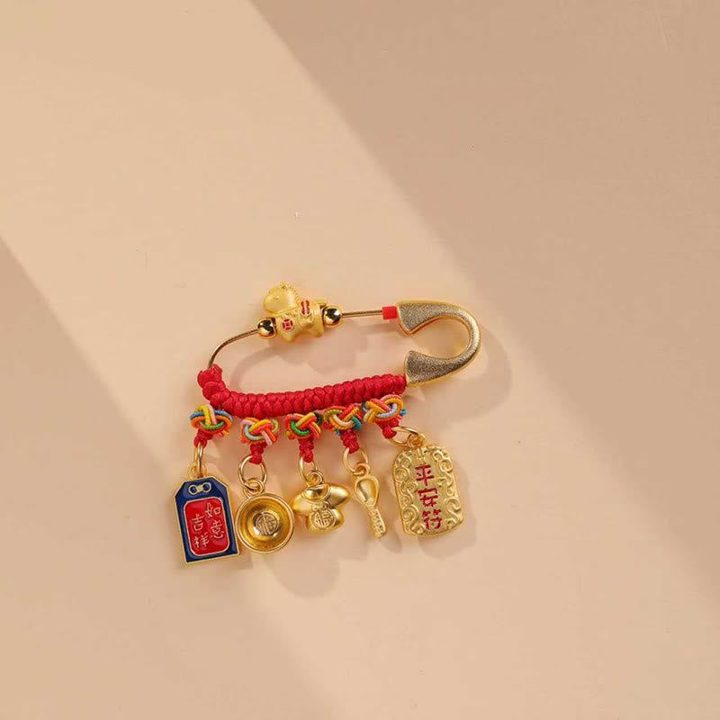 Buddha Stones Year Of The Horse Fu Character Longevity Lock Ruyi Handle Luck Brooch - Auspicious Protective Charm Horse - image 0