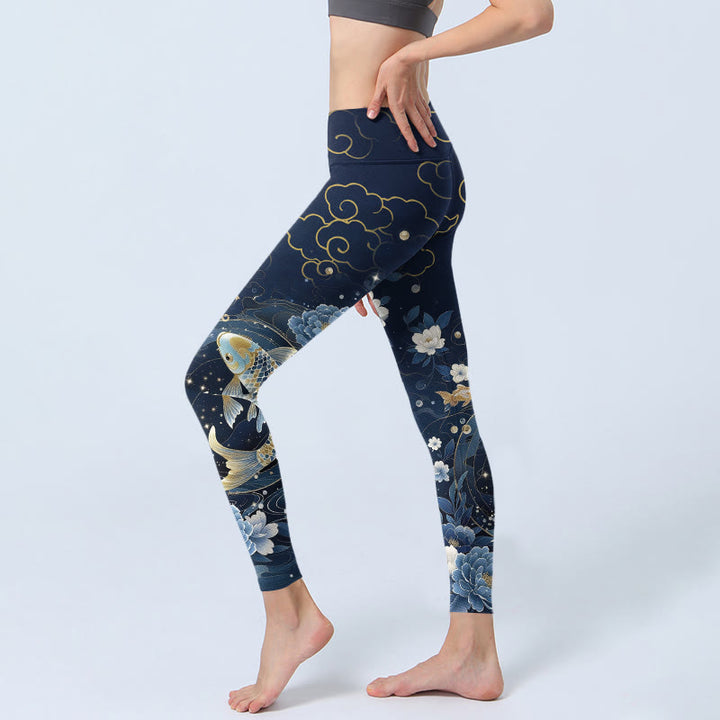 Buddha Stones Blue White Peony Flowers Koi Fish Print Gym Leggings Women's Yoga Pants - image 2