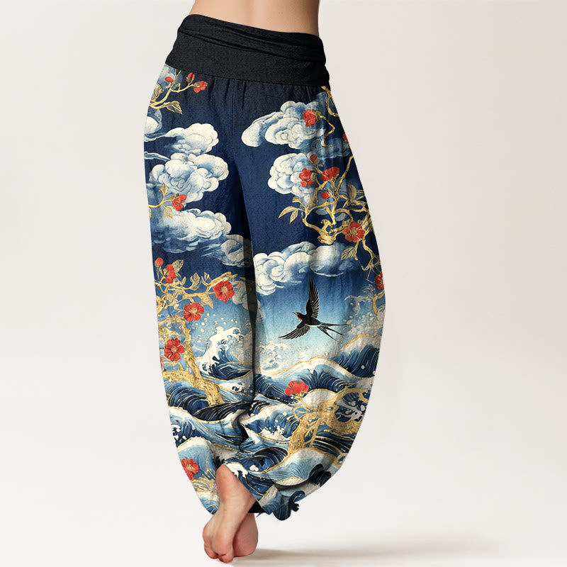 Buddha Stones Pure Cotton Auspicious Clouds Red Blossoms Swallow Ocean Waves Women's Elastic Waist Harem Pants - image 1