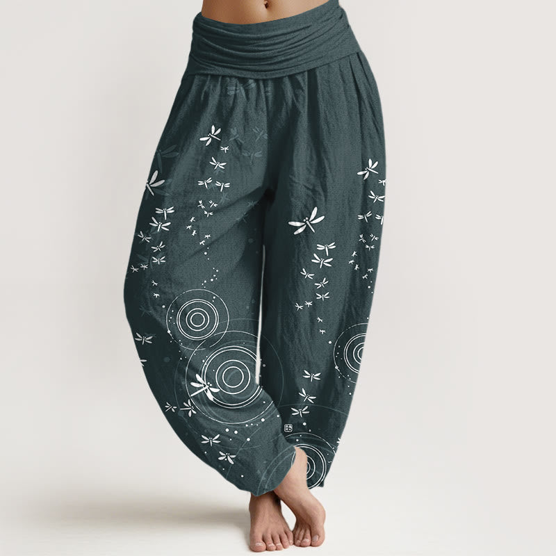 Buddha Stones Pure Cotton Circular Lines Dragonfly Women's Elastic Waist Harem Pants - CadetBlue - US16，UK/AU20，EU48 (3XL) - image 0