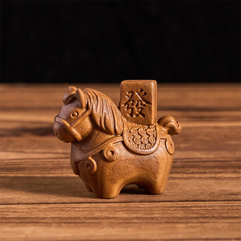 Buddha Stones Year of the Horse Get rich Green Sandalwood Small Leaf Red Sandalwood Linden Wood Animals Positive Decoration - Green Sandalwood(51*54*30mm) - image 0