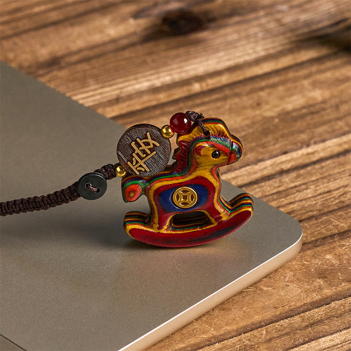 Buddha Stones Year of the Horse Rainbow Eucalyptus Small Leaf Red Sandalwood Linden Wood Ebony Carved Positive Key Chain - image 2
