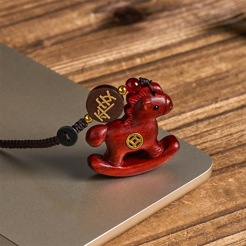 Buddha Stones Year of the Horse Rainbow Eucalyptus Small Leaf Red Sandalwood Linden Wood Ebony Carved Positive Key Chain - image 9