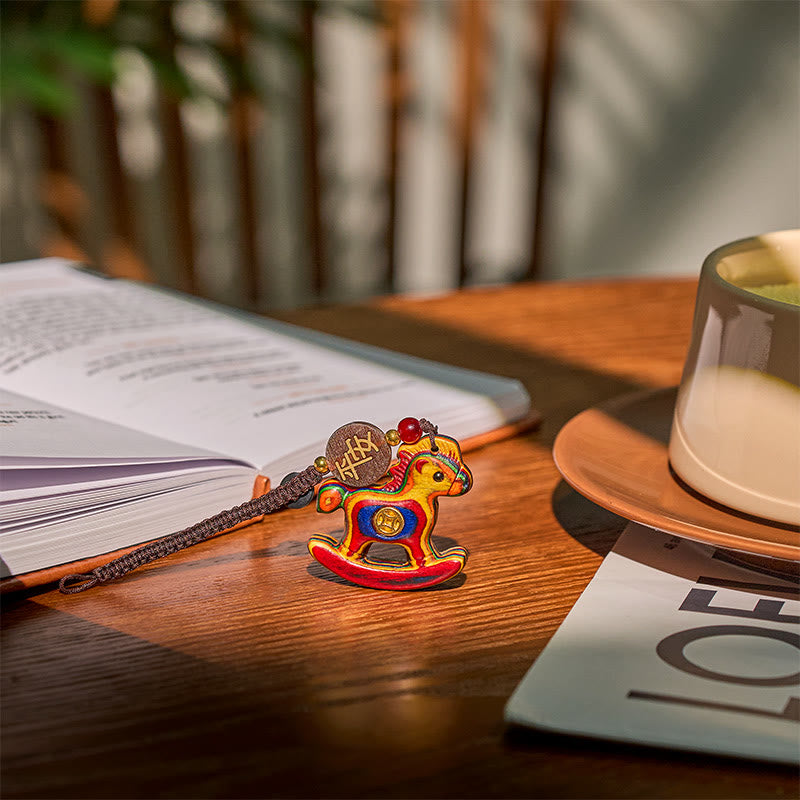 Buddha Stones Year of the Horse Rainbow Eucalyptus Small Leaf Red Sandalwood Linden Wood Ebony Carved Positive Key Chain - image 3