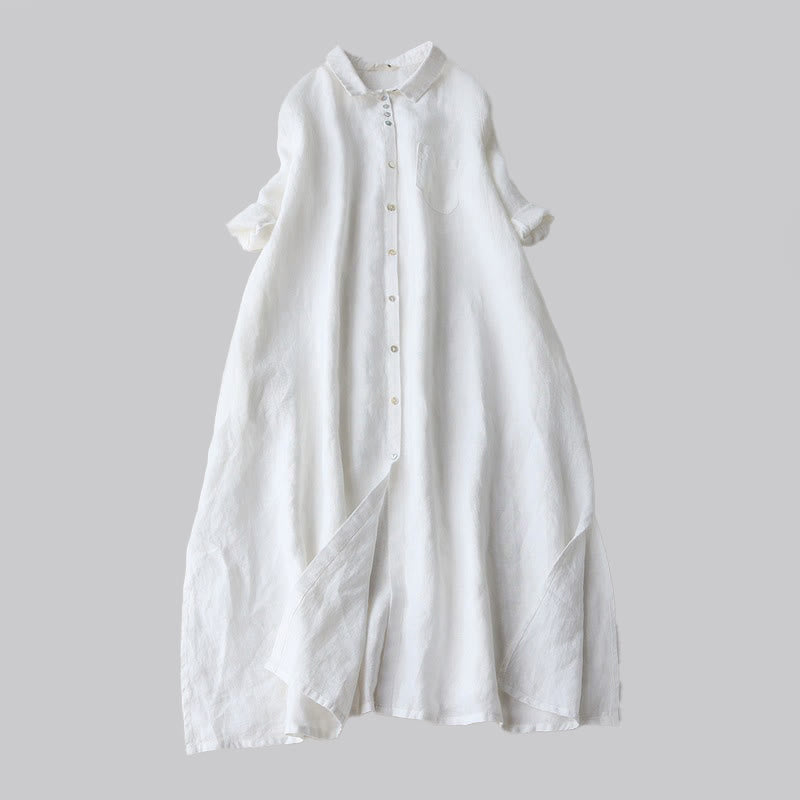 Buddha Stones Fall Solid Buttons Down Lapel Design Three Quarter Sleeve Women's Knee Length Dress With Pockets - White - US12，UK/AU16，EU44 (2XL) - image 4