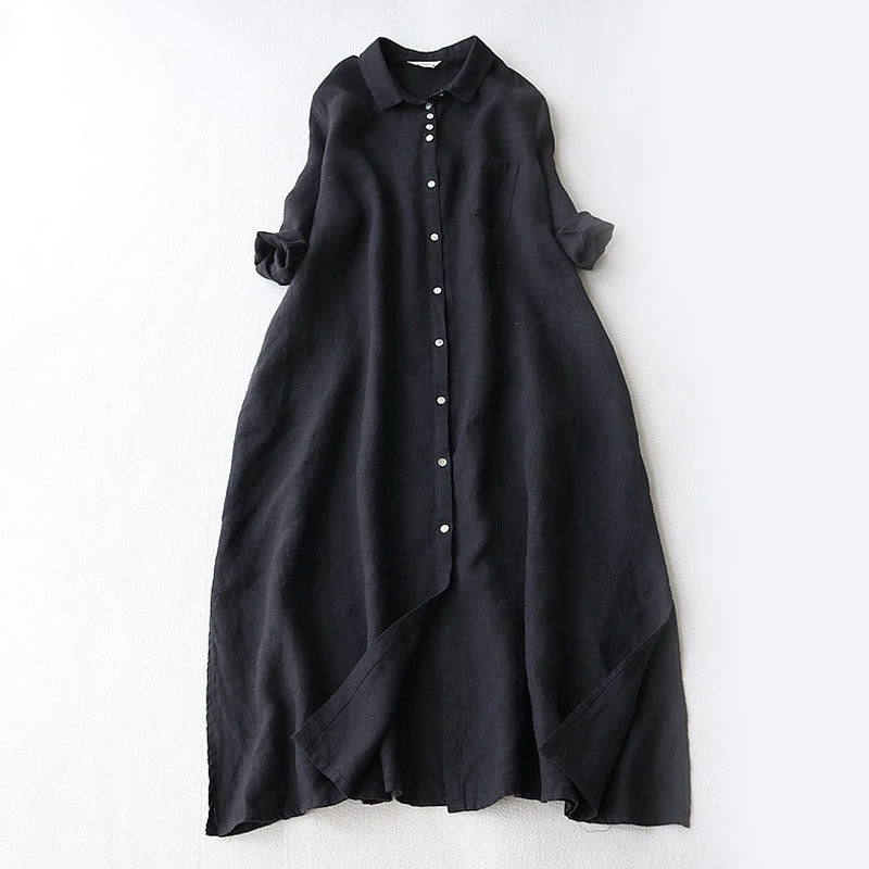 Buddha Stones Fall Solid Buttons Down Lapel Design Three Quarter Sleeve Women's Knee Length Dress With Pockets - Black - US12，UK/AU16，EU44 (2XL) - image 0