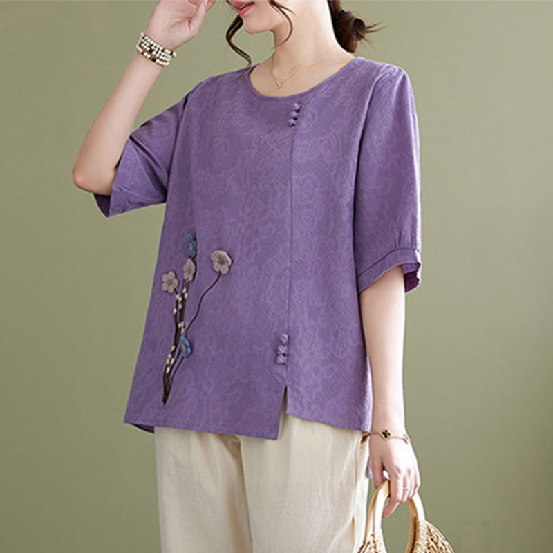 Buddha Stones Three-dimensional Flowers Design Crew Neck Short Sleeve Cotton Women's Shirt - image 4