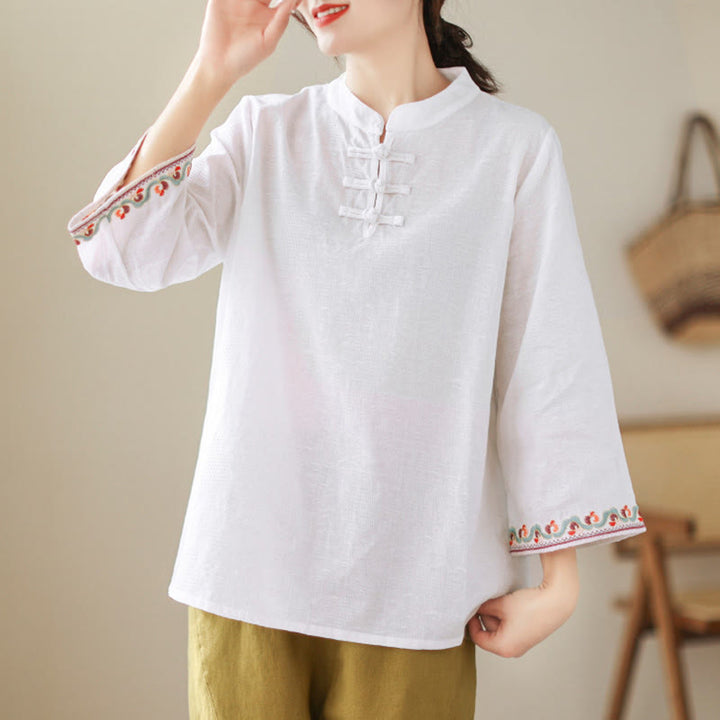 Buddha Stones Jacquard Frog-button Stand Collar Embroidered Three Quarter Sleeve Design Women's Cotton Shirt - image 15